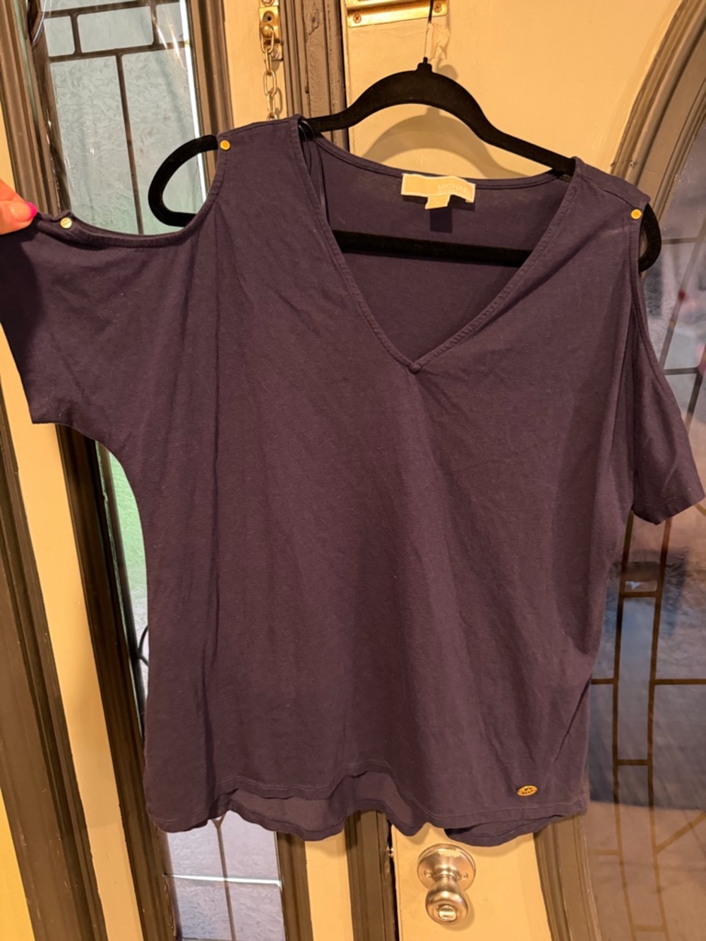 Michael Kors Navy Cold-Shoulder V-Neck Short Sleeve Top